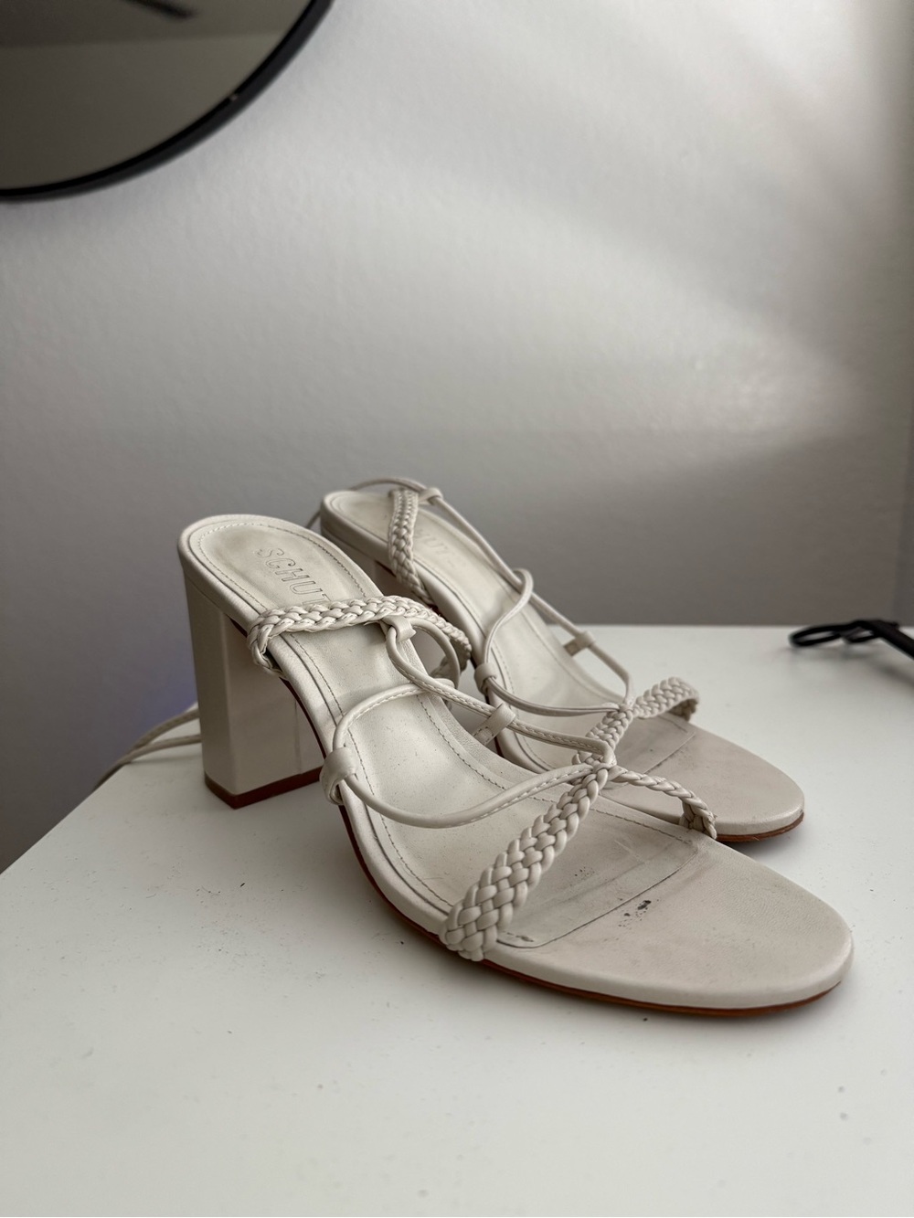 SCHUTZ Braided Strap White  Block Heel Sandals